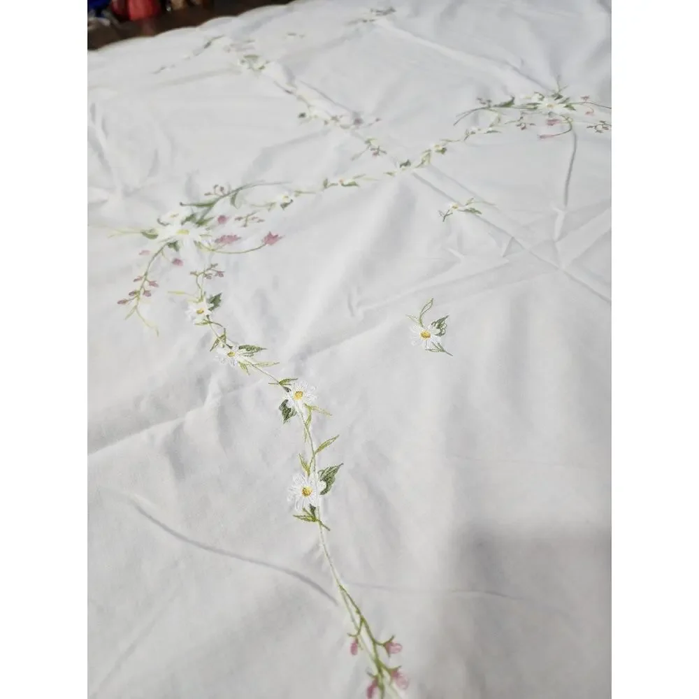 Vintage Rectangular Embroidered Floral Fabric Tablecloth Light Stain 79